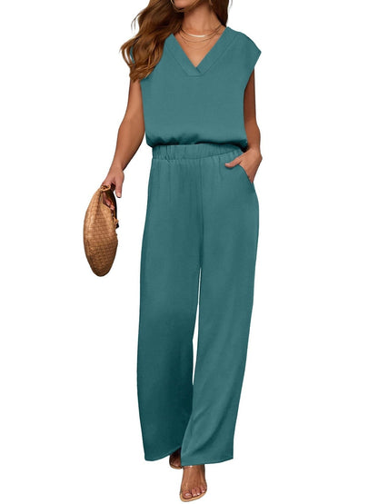 2 Piece Sets for Women Lounge Outfits Summer V Neck Cap Sleeve Top Wide Leg Pants