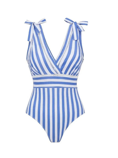 Bowknot Striped Print One Piece Swimsuit and Skirt