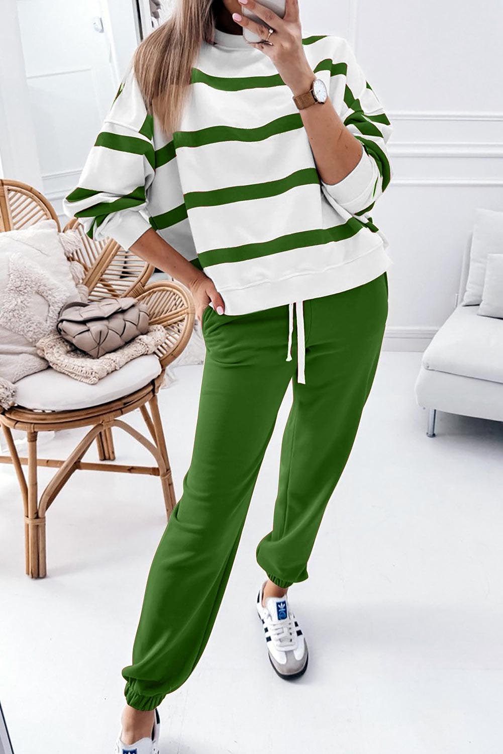⏰Hot Sale-Women's Striped Long Sleeve Drop Shoulder Tops & Jogger Pants 2 Piece Sets