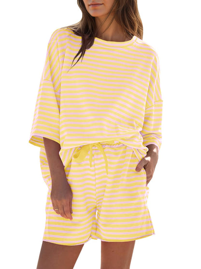 Limited time sale🔥Womens Striped 3/4 Sleeve Oversized Tops High Waisted Shorts Sets