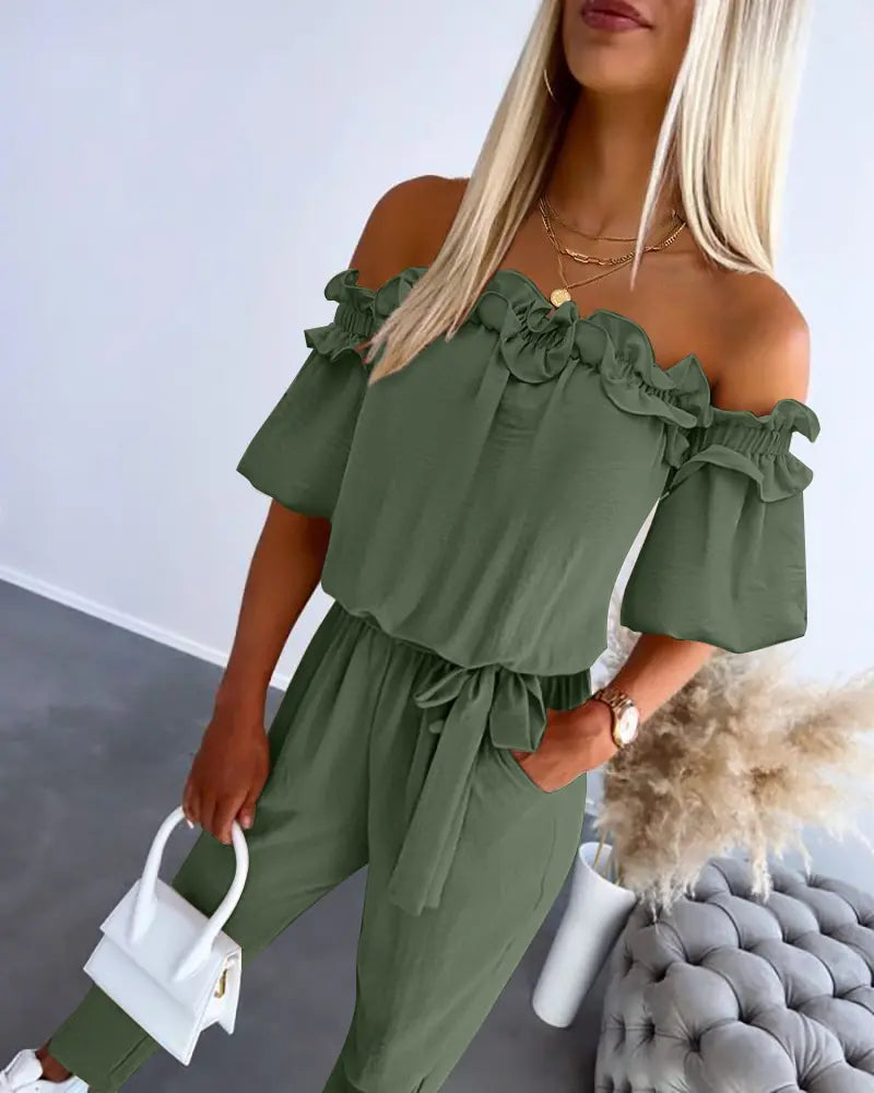 ✨Womens Off Shoulder Frill Hem Tied Detail Jumpsuit