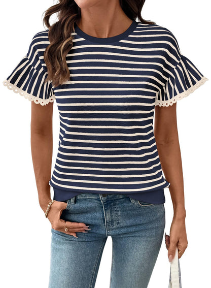 Limited time sale🔥Women's Knit Striped Color Block Ruffled Short Sleeve Top