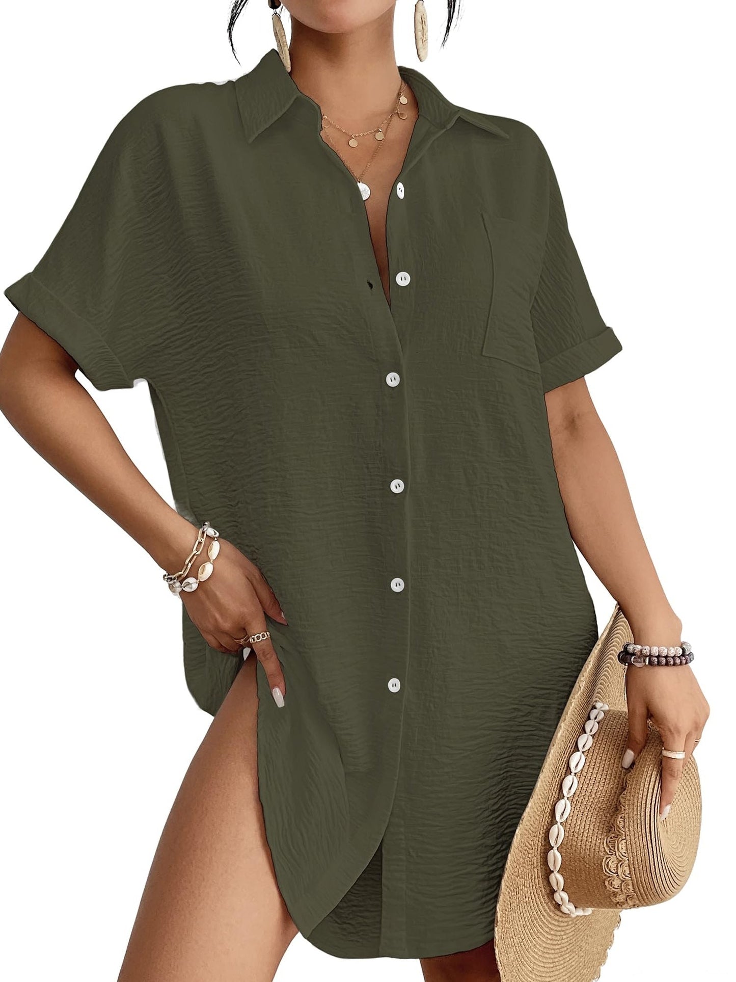 Women Swimsuit Coverup Shirt Dress Button Down Bathing Suit Cover Up Beach Outfits
