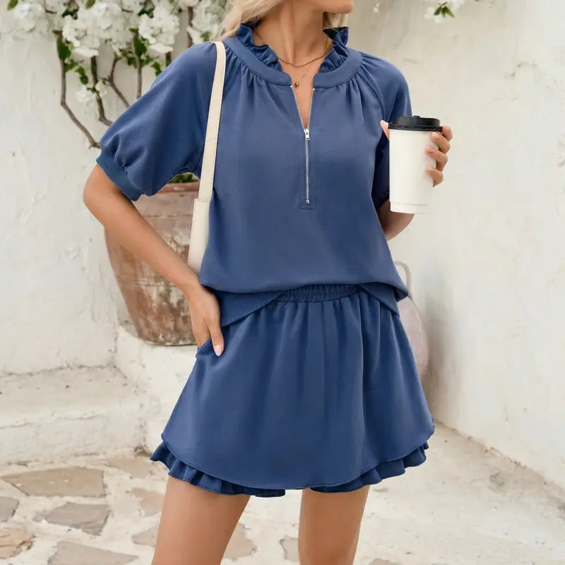Ruffle Collar Zip Front 2 Piece Skort Outfit Set