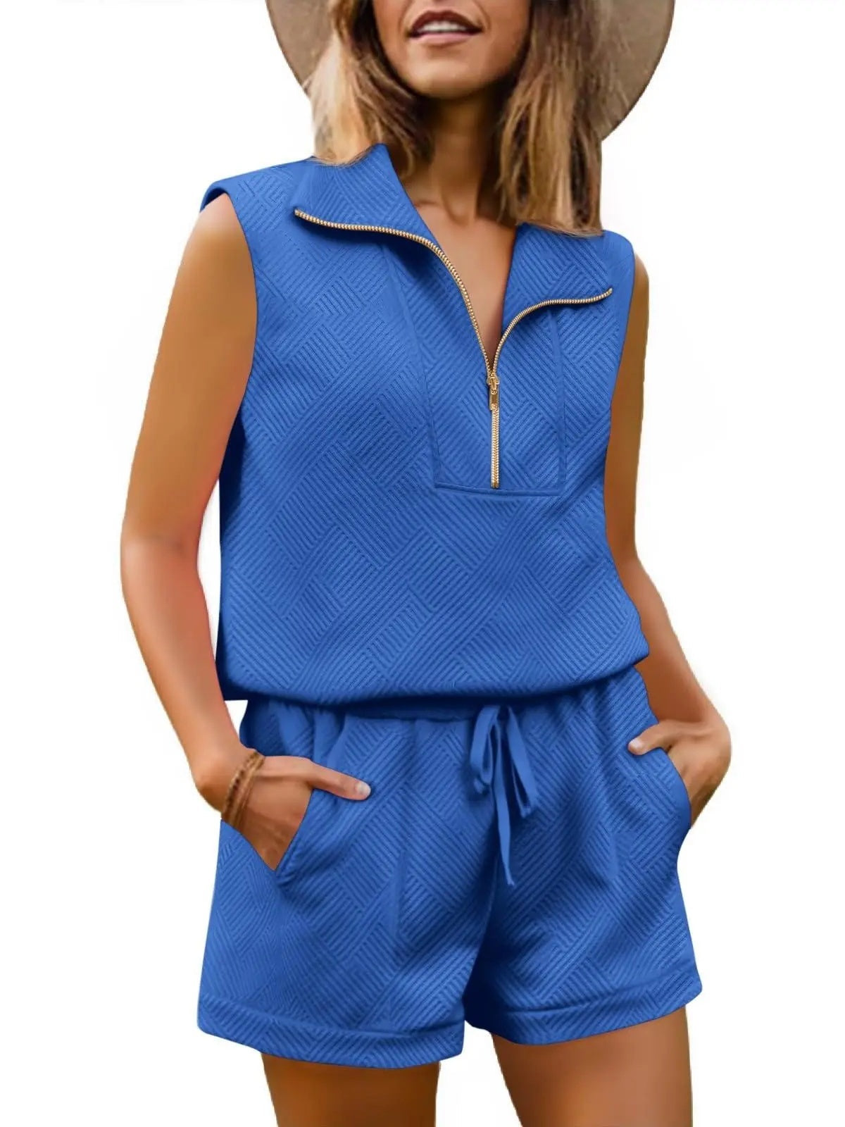 Limited time sale🔥Womens 2 Piece Outfits Short Sets Half Zip Sleeveless Tops and Drawstring Shorts