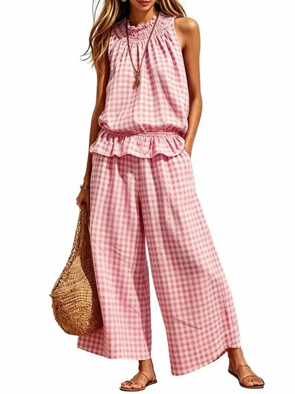 Women's 2 Piece Set Outfits Gingham Plaid Sleeveless Ruffle Top Wide Leg Pants