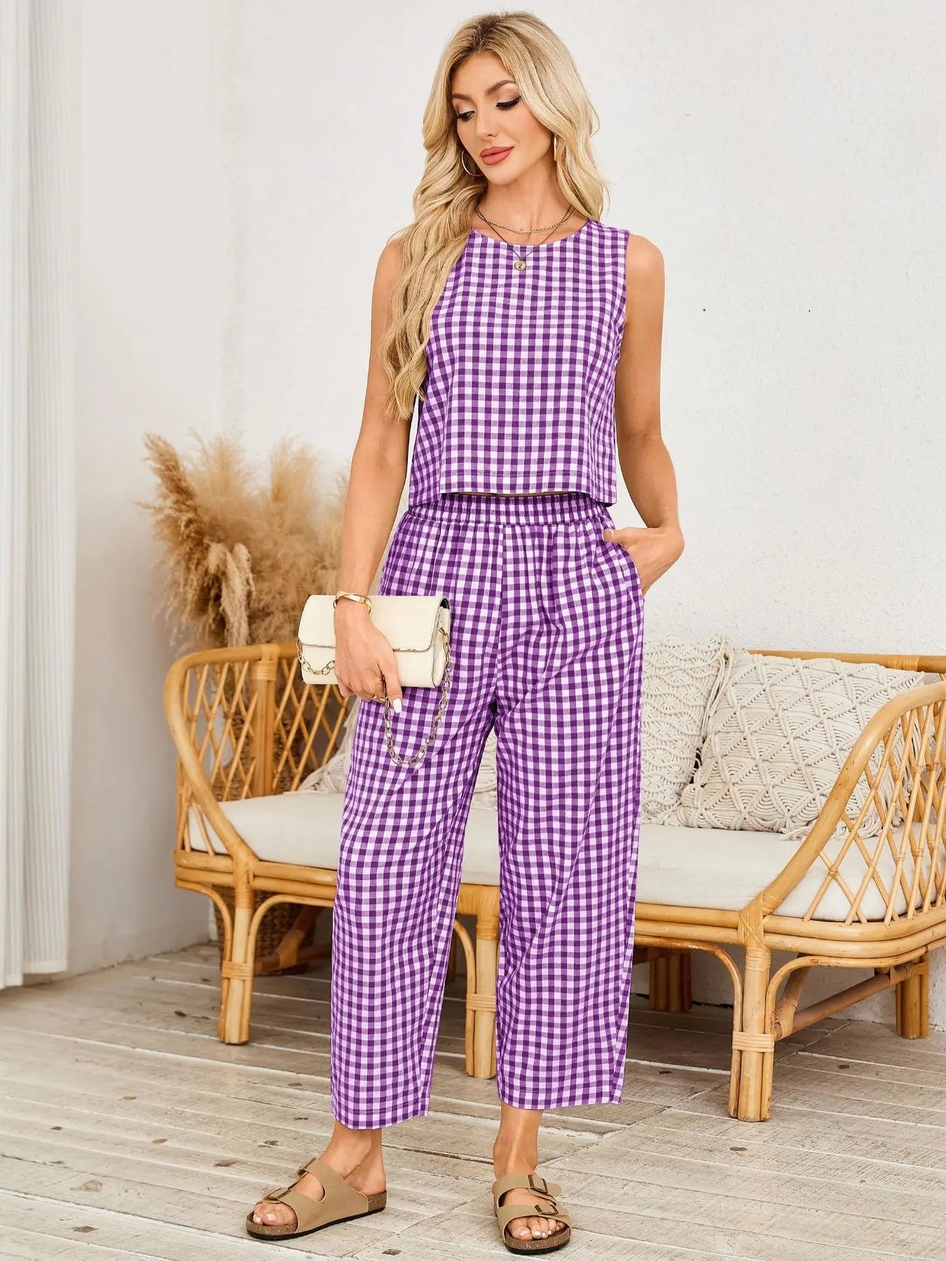 Limited time sale🔥Women's Gingham Sleeveless Tank Top & Barrel Pants Set