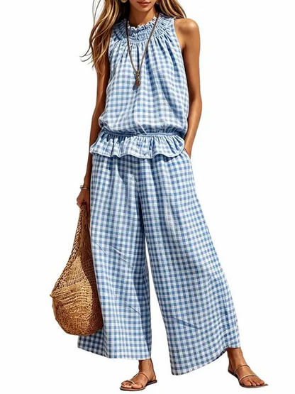 ⏰Hot Sale-Women's 2 Piece Set Outfits Gingham Plaid Sleeveless Ruffle Top Wide Leg Pants