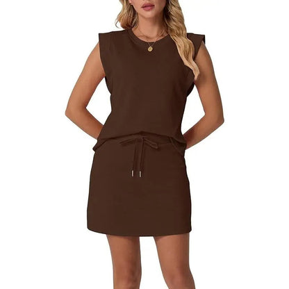 Women's Summer 2 Piece Skort Set Cap Sleeve Round Neck Top