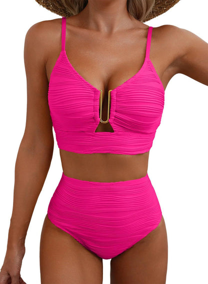 ⏰Hot Sale-Women's U-Wire Cutout Swimsuit High Waisted Textured 2 Piece Bikini Set