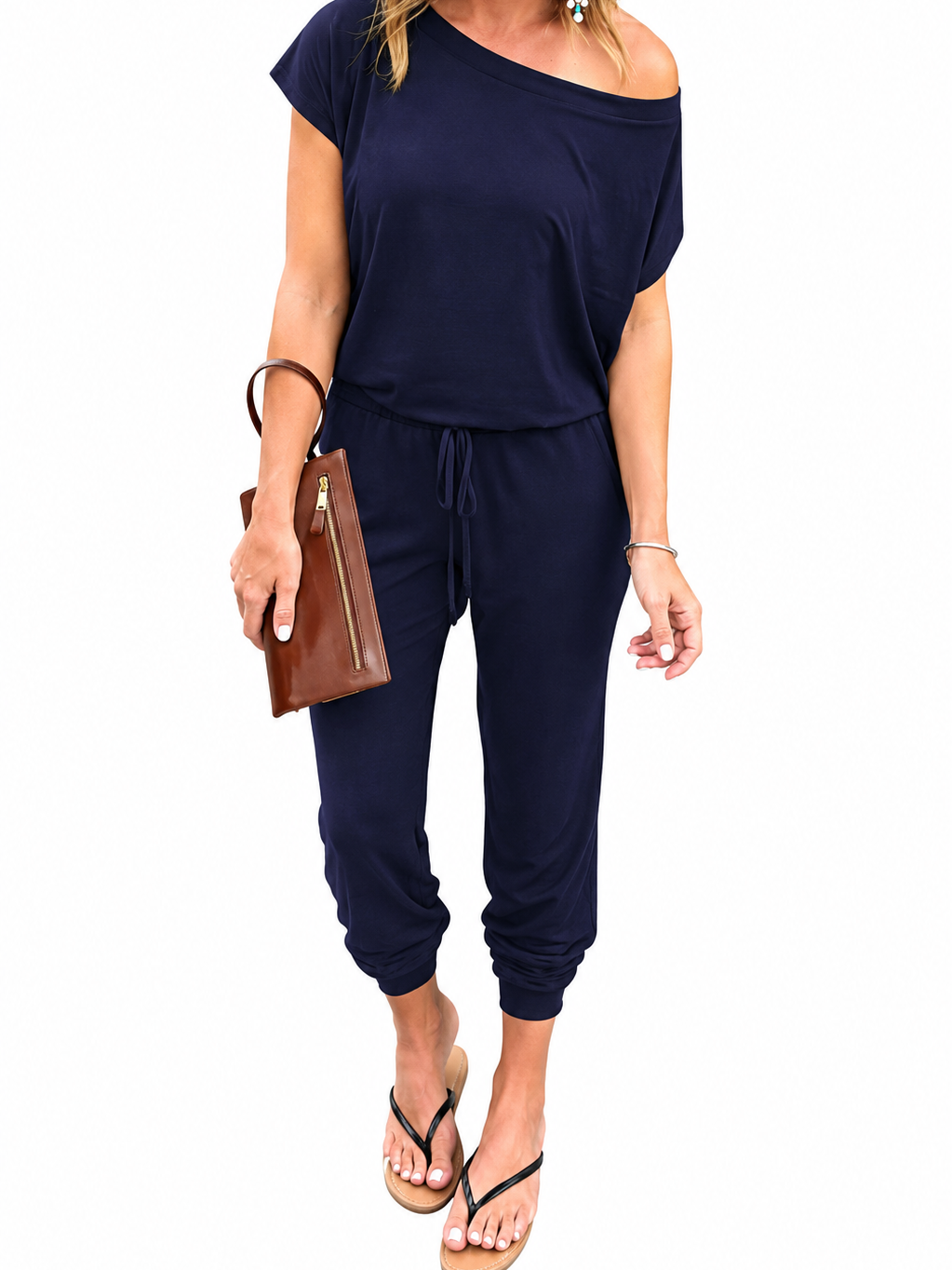 Women Dual Wear Off Shoulder Elastic Waist Solid Long Pants Jumpsuit