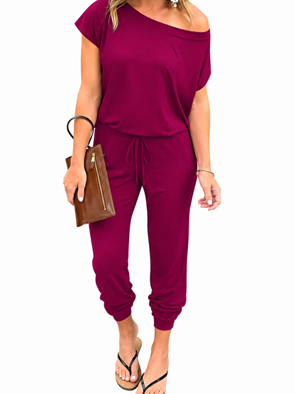Women Dual Wear Off Shoulder Elastic Waist Solid Long Pants Jumpsuit