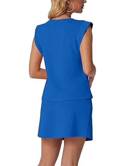⏰Hot Sale-Women's Summer 2 Piece Skort Set Cap Sleeve Round Neck Top