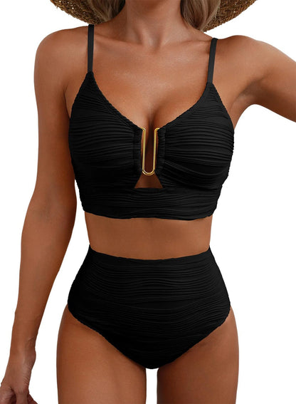Women's U-Wire Cutout Swimsuit High Waisted Textured 2 Piece Bikini Set