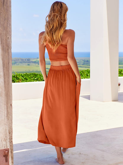 2 Pieces Outfits One Shoulder High Waist Long Skirt Dress Set with Pockets