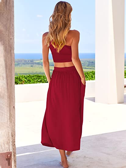 2 Pieces Outfits One Shoulder High Waist Long Skirt Dress Set with Pockets