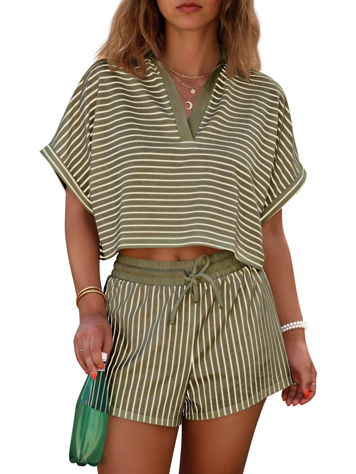 Limited time sale🔥Womens Striped 2 Piece Short Sets Summer Short Sleeve Collared