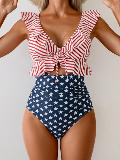 ⏰Hot Sale-Women Tummy Control Ruffle Bathing Suit V Neck Ruched Swim Suit
