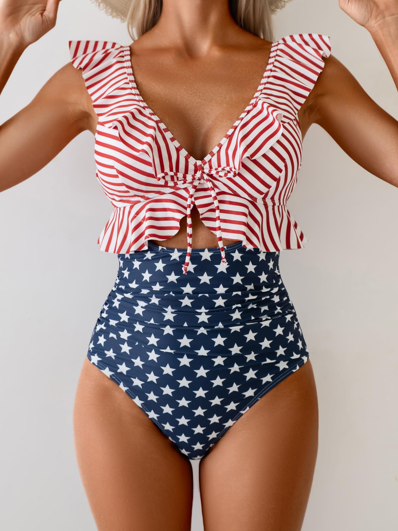 Limited time sale🔥Women Tummy Control Ruffle Bathing Suit V Neck Ruched Swim Suit
