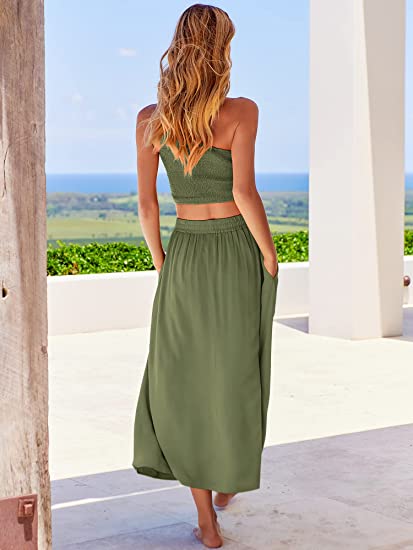 2 Pieces Outfits One Shoulder High Waist Long Skirt Dress Set with Pockets