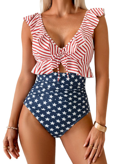 Limited time sale🔥Women Tummy Control Ruffle Bathing Suit V Neck Ruched Swim Suit