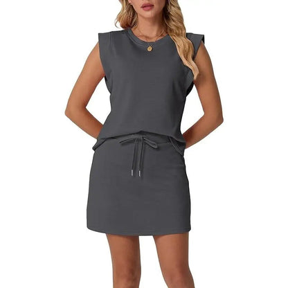 Women's Summer 2 Piece Skort Set Cap Sleeve Round Neck Top