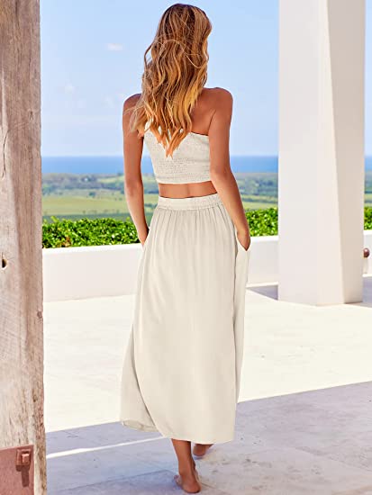 2 Pieces Outfits One Shoulder High Waist Long Skirt Dress Set with Pockets