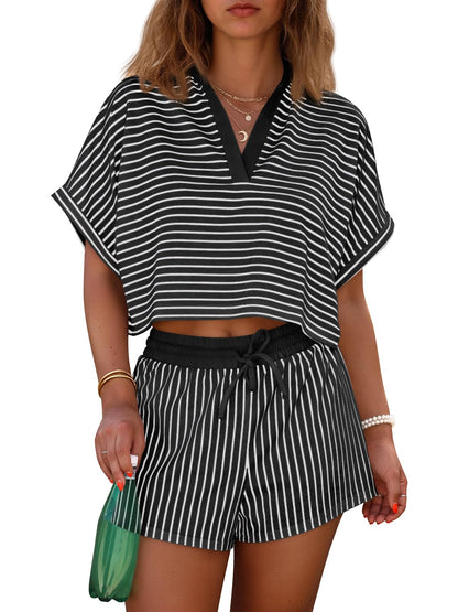 Limited time sale🔥Womens Striped 2 Piece Short Sets Summer Short Sleeve Collared