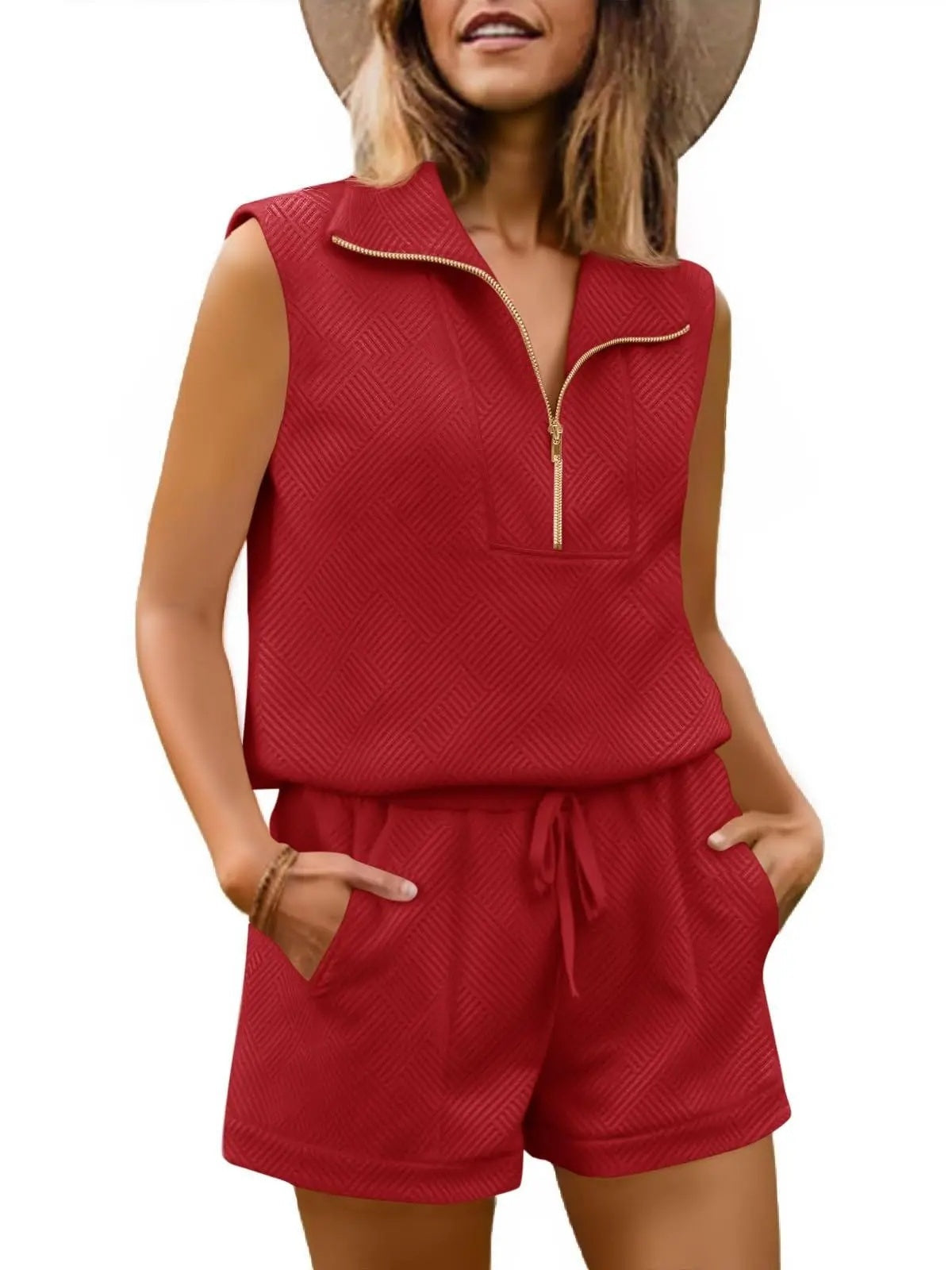 Limited time sale🔥Womens 2 Piece Outfits Short Sets Half Zip Sleeveless Tops and Drawstring Shorts