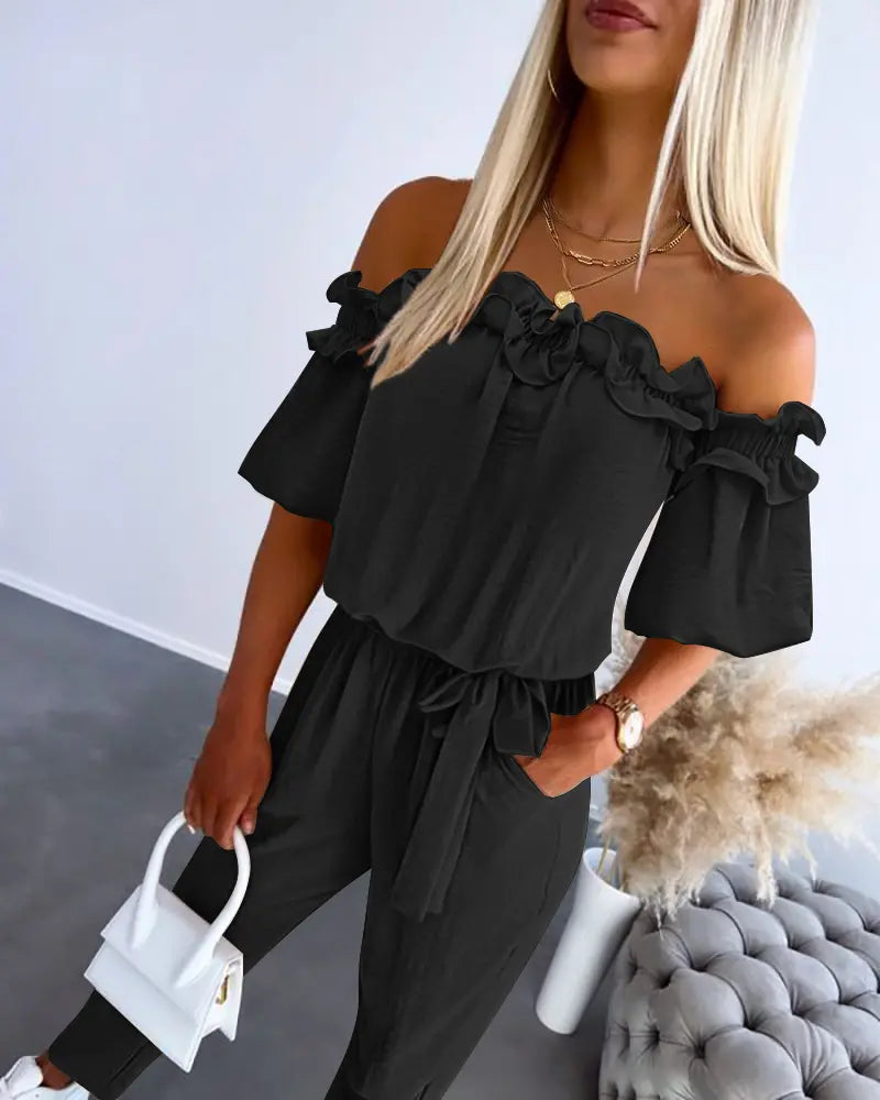 ✨Womens Off Shoulder Frill Hem Tied Detail Jumpsuit