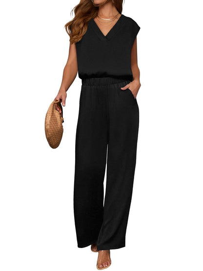 2 Piece Sets for Women Lounge Outfits Summer V Neck Cap Sleeve Top Wide Leg Pants