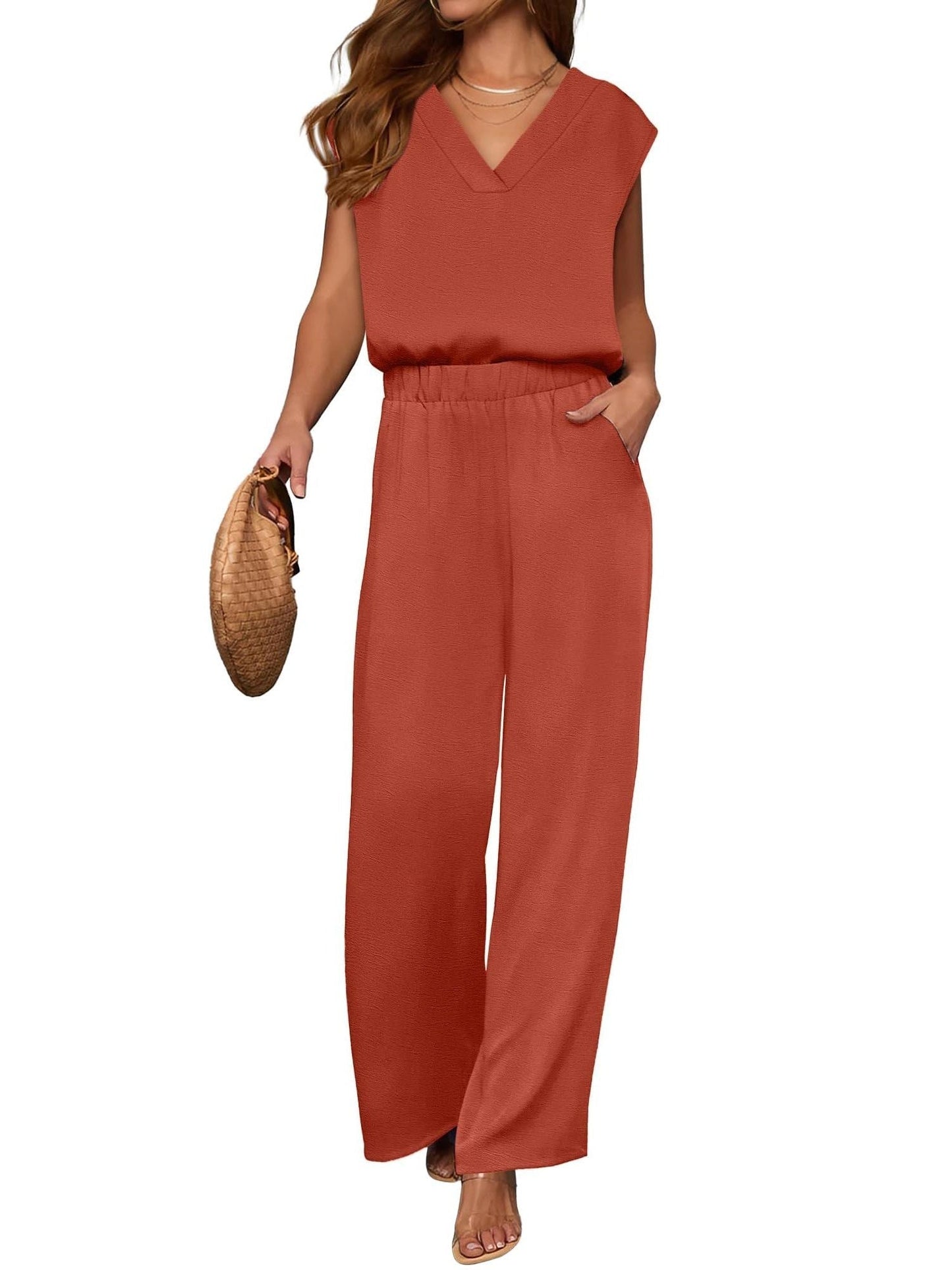 2 Piece Sets for Women Lounge Outfits Summer V Neck Cap Sleeve Top Wide Leg Pants