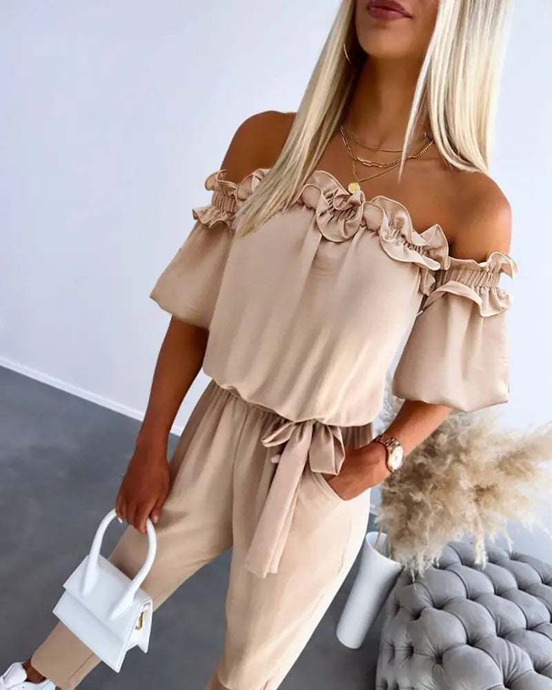 ✨Womens Off Shoulder Frill Hem Tied Detail Jumpsuit