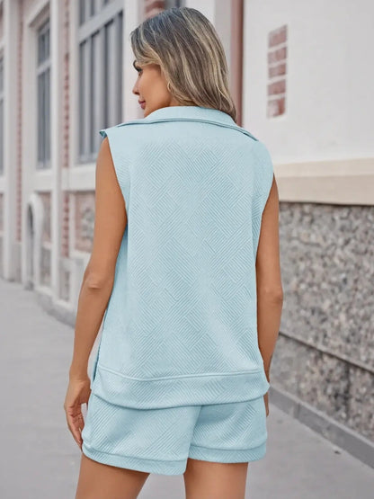 Limited time sale🔥Womens 2 Piece Outfits Short Sets Half Zip Sleeveless Tops and Drawstring Shorts