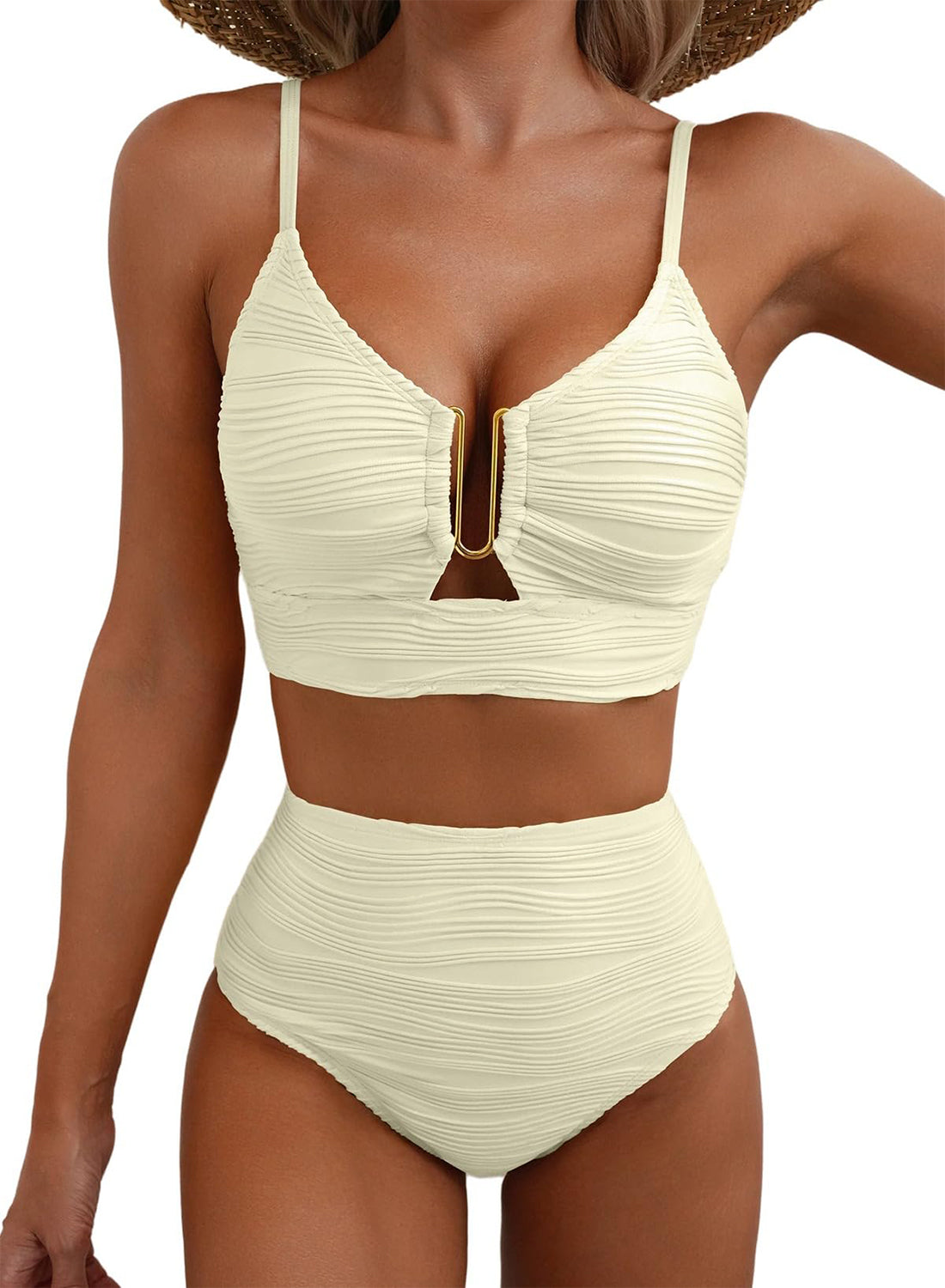 Women's U-Wire Cutout Swimsuit High Waisted Textured 2 Piece Bikini Set