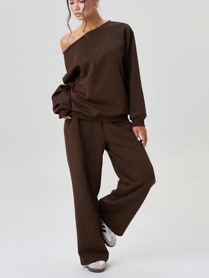 ✨Women's Off-Shoulder Long Sleeve Top & Wide-Leg Pants Set