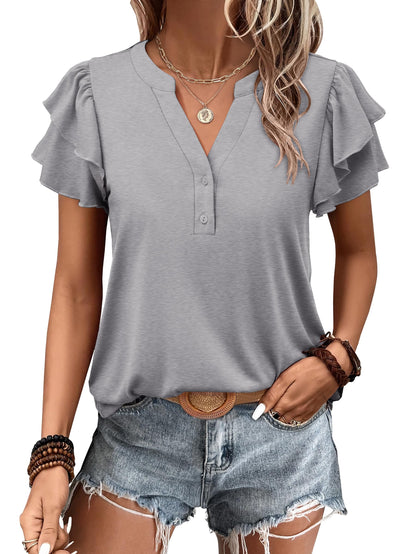 ✨Womens Casual Ruffle Short Sleeve V Neck Top Blouses