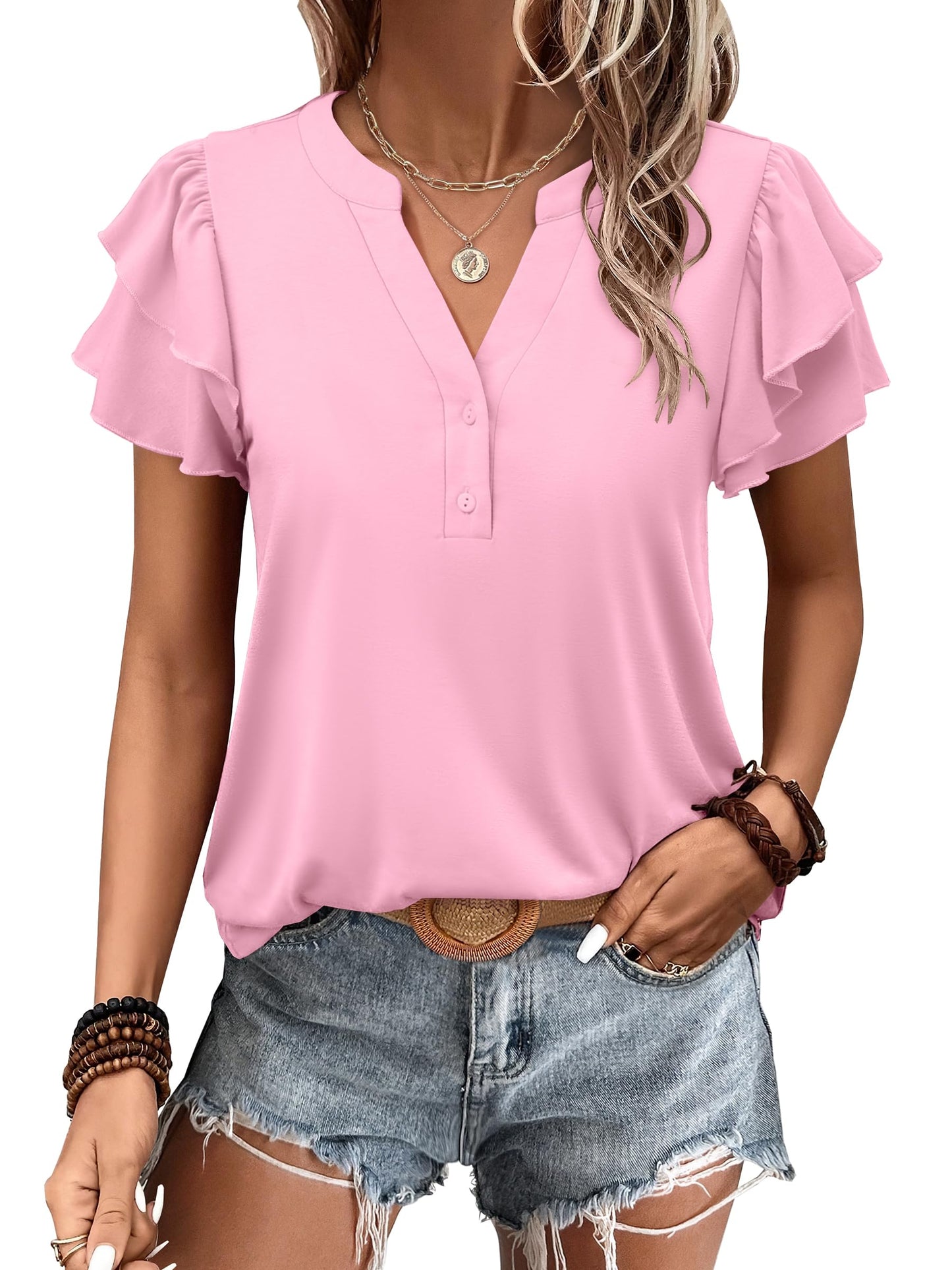 ✨Womens Casual Ruffle Short Sleeve V Neck Top Blouses