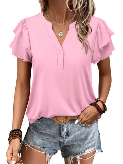 ✨Womens Casual Ruffle Short Sleeve V Neck Top Blouses