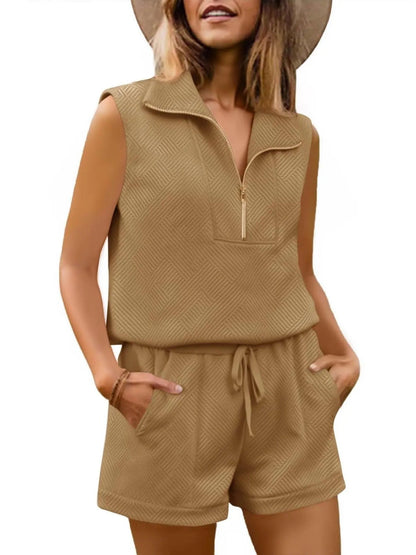 Limited time sale🔥Womens 2 Piece Outfits Short Sets Half Zip Sleeveless Tops and Drawstring Shorts