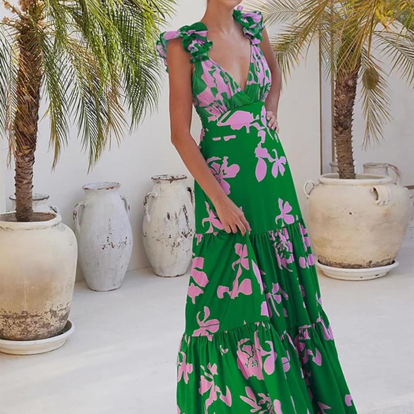 Women Adjustable Shoulder Strip Plant Prints One Piece Swimsuit and Skirt/Sarong
