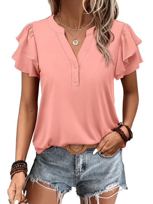 ✨Womens Casual Ruffle Short Sleeve V Neck Top Blouses