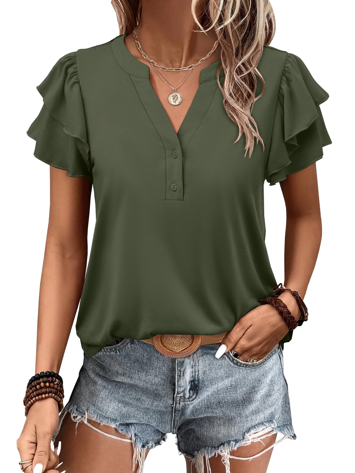 ✨Womens Casual Ruffle Short Sleeve V Neck Top Blouses
