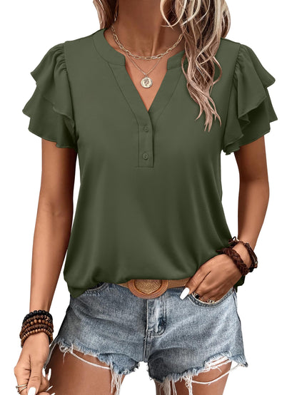 ✨Womens Casual Ruffle Short Sleeve V Neck Top Blouses