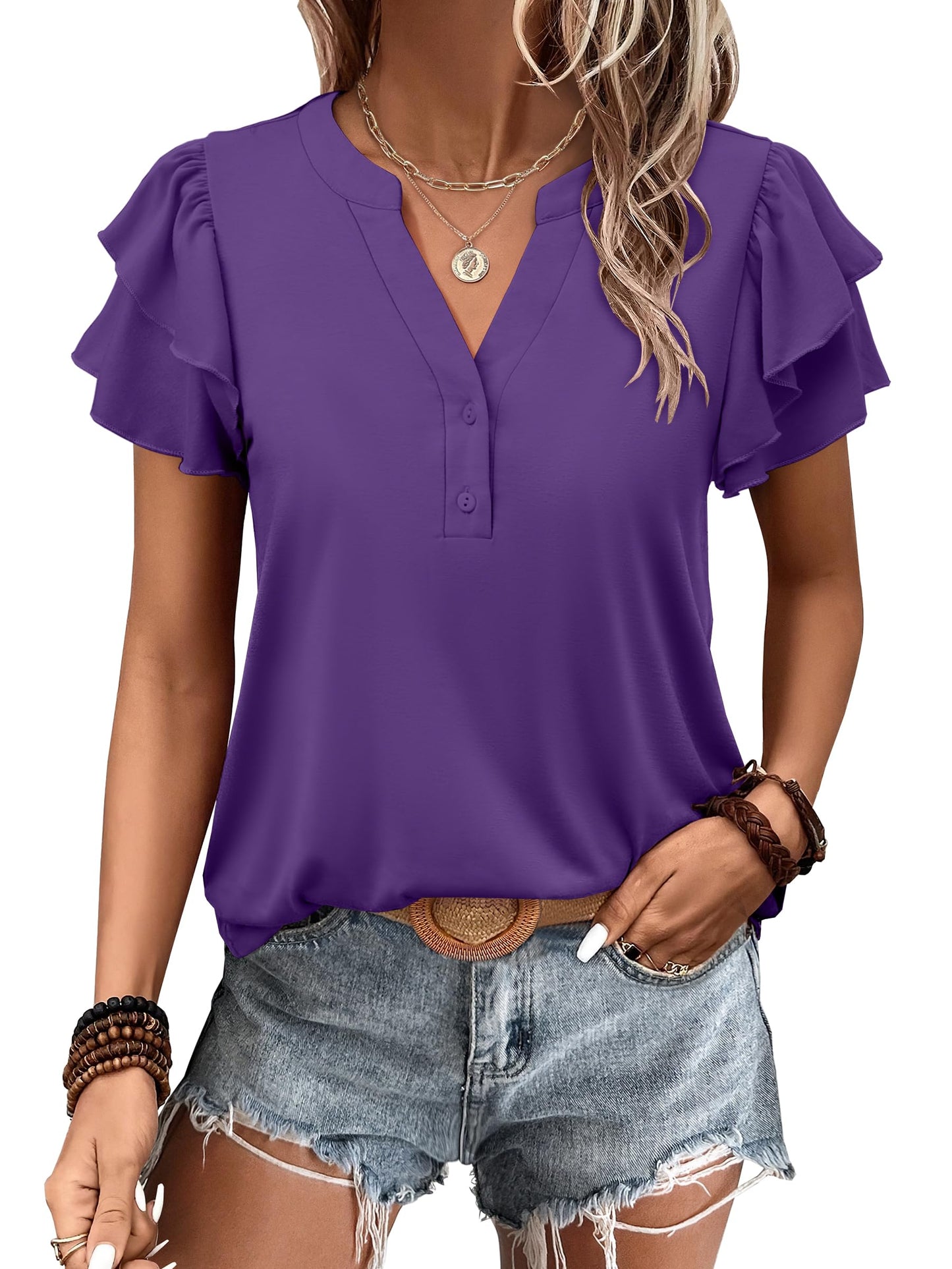 ✨Womens Casual Ruffle Short Sleeve V Neck Top Blouses