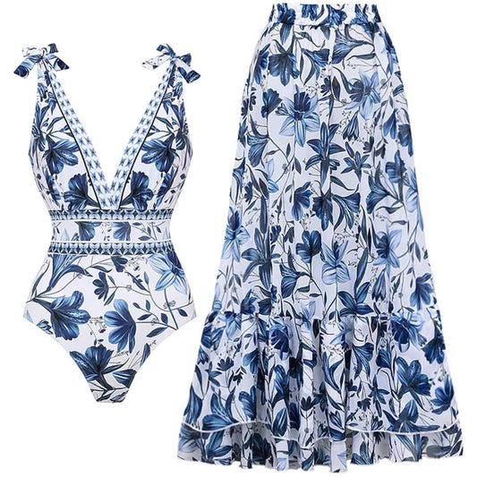 Women Adjustable Shoulder Strip Plant Prints One Piece Swimsuit and Skirt/Sarong