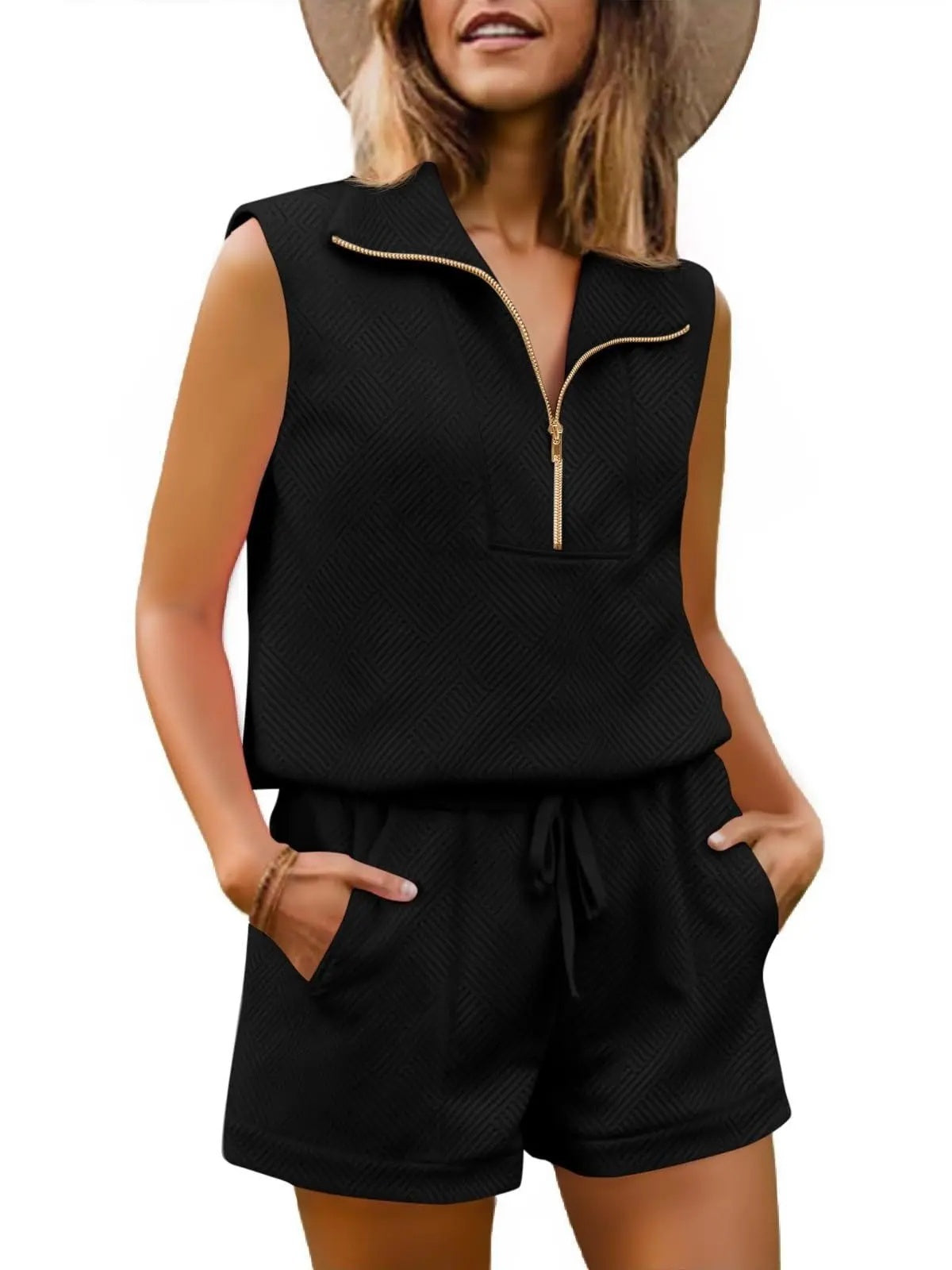 Limited time sale🔥Womens 2 Piece Outfits Short Sets Half Zip Sleeveless Tops and Drawstring Shorts