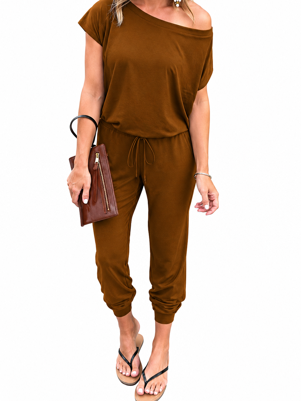 Women Dual Wear Off Shoulder Elastic Waist Solid Long Pants Jumpsuit
