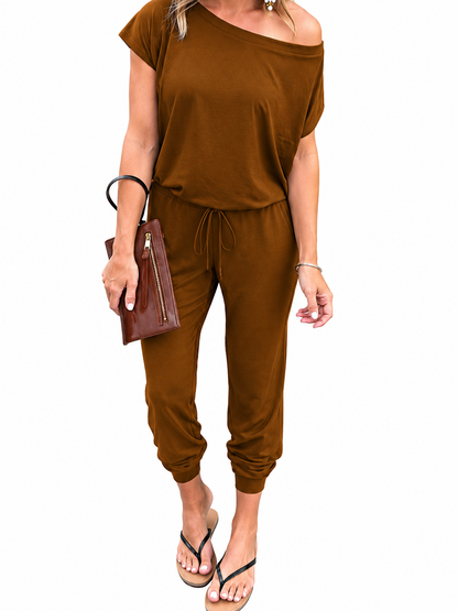 Women Dual Wear Off Shoulder Elastic Waist Solid Long Pants Jumpsuit