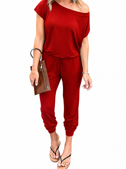 Women Dual Wear Off Shoulder Elastic Waist Solid Long Pants Jumpsuit